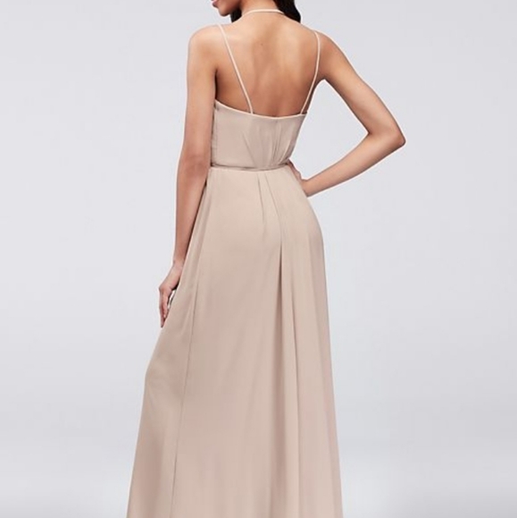 DB Studio David's Bridal Georgette Bridesmaid wrap dress Color Biscotti - Picture 2 of 7